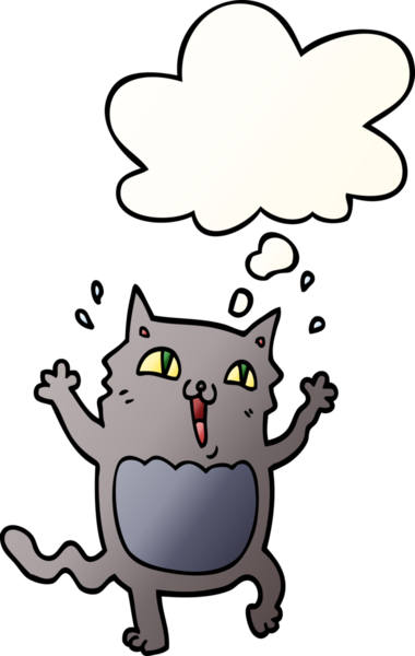 Çizgi film delisi heyecanlı kedi. Düşünce baloncuğu bir insan tarafından çizilmiş.