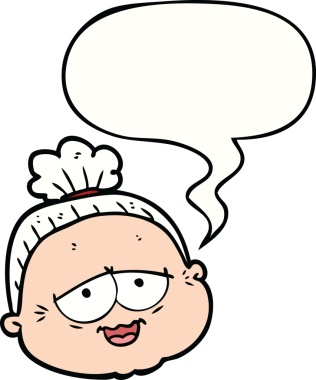 Bir insan tarafından çizilmiş konuşma balonlu yaşlı kadın çizgi filmi.