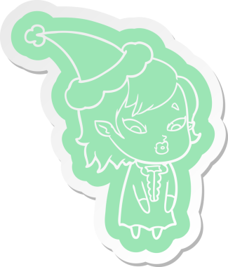 Bir insan tarafından çizilmiş Noel Baba şapkası giyen vampir bir kızın komik çizgi film çıkartması.