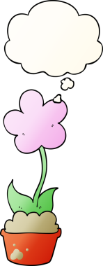 Bir insan tarafından çizilmiş yumuşak eğimli düşünce baloncuklu şirin çizgi film çiçekleri.