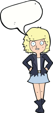 Bir insan tarafından çizilmiş konuşma balonu olan ceketli kız.