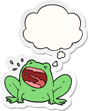 İnsan tarafından çizilmiş bir çıkartma gibi düşünce baloncuğuyla bağıran çizgi film kurbağası.