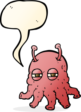 Bir insan tarafından çizilmiş konuşma baloncuklu uzaylı yüzü.