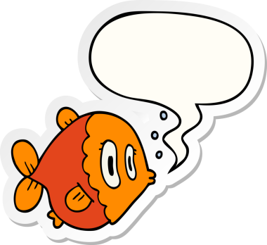 Bir insan tarafından çizilmiş balon çıkartmalı karikatür balığı.