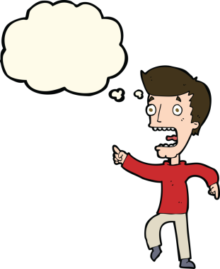 Bir insan tarafından çizilmiş düşünce baloncuğuyla dehşete düşmüş bir adam.