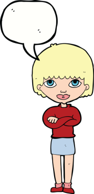 Bir insan tarafından çizilmiş, kolları katlanmış, konuşma balonu olan çizgi film kadını.