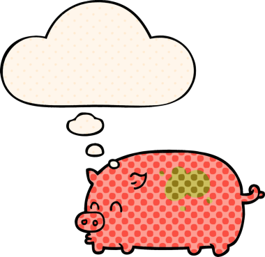 Bir insan tarafından çizilmiş çizgi roman tarzında düşünce baloncuğu olan şirin bir domuz.