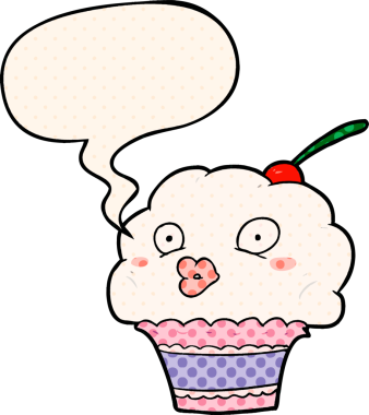 Bir insan tarafından çizilmiş komik çizgi roman tarzı konuşma baloncuklu kek.