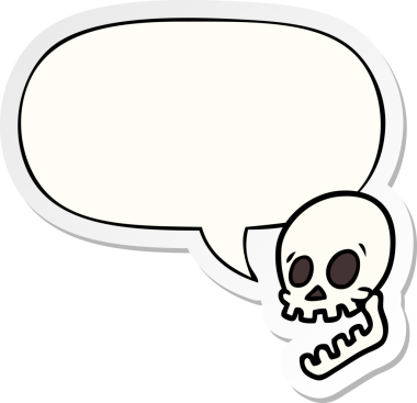 Bir insan tarafından çizilmiş konuşma balonu çıkartmalı gülen kafatası karikatürü.