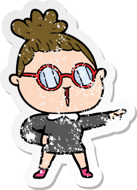 Bir insan tarafından çizilmiş gözlük takan karikatürlü bir kadının sıkıntılı çıkartması.