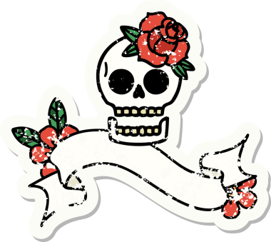 Bir insan tarafından çizilmiş kafatası ve gülü olan eski bir etiket.