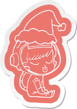 Bir insan tarafından çizilmiş Noel Baba şapkasıyla bekleyen güzel bir astronot kızın garip çizgi film çıkartması.