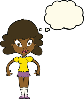 Bir insan tarafından çizilmiş düşünce baloncuğu olan güzel bir kadın.