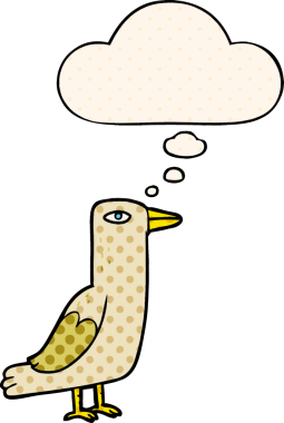 Çizgi roman tarzında düşünce baloncuğu olan çizgi film kuşu insan tarafından çizilmiş.