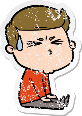 Bir insan tarafından çizilmiş terleyen bir çizgi film karakterinin sıkıntılı çıkartması.