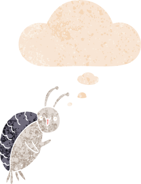 grunge 'da düşünce baloncuğu olan karikatür böceği bir insan tarafından çizilmiş dertli retro desenli