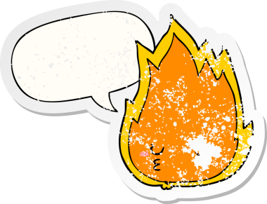 Konuşma baloncuğu olan sevimli çizgi film yangını bir insan tarafından çizilmiş sıkıntılı eski bir çıkartma