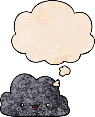 Bir insan tarafından çizilmiş grunge doku tarzında düşünce baloncuğu olan sevimli çizgi film bulutu.