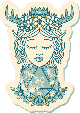 Retro Dövme Tarzı Elf Karakteri Nautral 20 zar bir insan tarafından çizilmiş