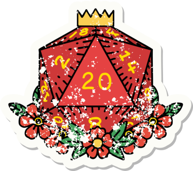 Bir insan tarafından çizilmiş çiçek elementleriyle 20 D20 zarının grunge sticker 'ı.