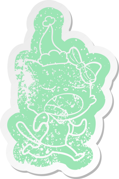 Esneyen bir kedinin insan tarafından çizilmiş Noel Baba şapkası giymesi garip bir karikatür.