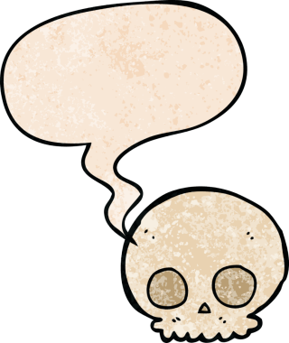 bir insan tarafından çizilmiş, eski moda konuşma baloncuklu kafatası.