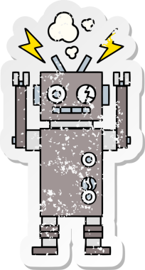 Bir insan tarafından çizilmiş arızalı bir robot çizgi film çıkartması.