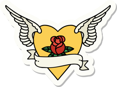 Geleneksel kalp tarzında bir dövme çıkartması. Kanatlarıyla bir insan tarafından çizilmiş bir gül ve bayrak.