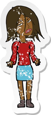 Bir insan tarafından çizilmiş omuzlarını silken karikatürlü bir kadının gerilmiş çıkartması.