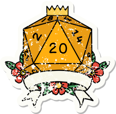 Bir insan tarafından çekilen 20 kritik vuruşluk D20 zar atımının grunge çıkartması.