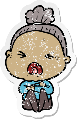 Bir insan tarafından çizilmiş kızgın yaşlı bir kadının sıkıntılı çıkartması.