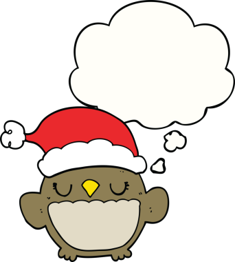 Bir insan tarafından çizilmiş düşünce baloncuklu şirin noel baykuşu.