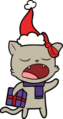 Bir insan tarafından çizilmiş Noel Baba şapkası giymiş bir kedinin el çizimi.