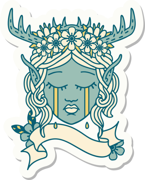 Bir insan tarafından çizilmiş üzgün bir Elf Druid karakterinin çıkartması.