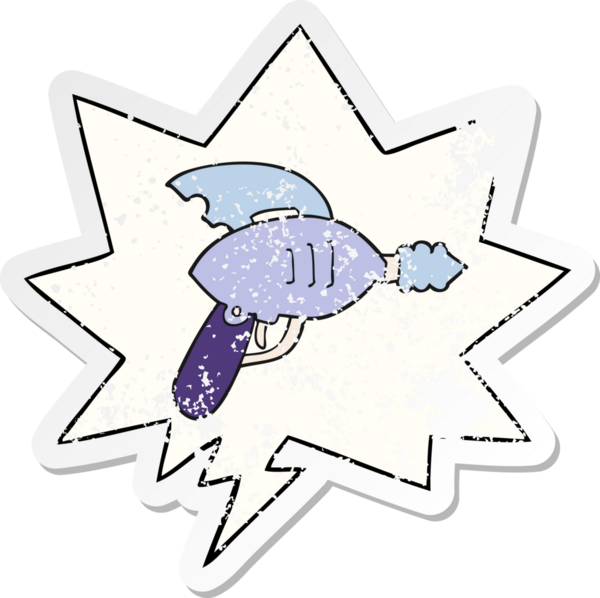 Konuşma balonlu karikatür ışın tabancası bir insan tarafından çizilmiş sıkıntılı eski bir çıkartma