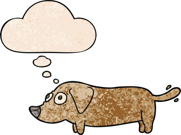 Bir insan tarafından çizilmiş grunge desenli düşünce baloncuğu olan çizgi film köpeği.