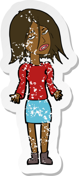 Bir insan tarafından çizilmiş omuzlarını silken karikatürlü bir kadının gerilmiş çıkartması.