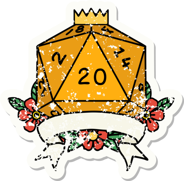 Bir insan tarafından çekilen 20 kritik vuruşluk D20 zar atımının grunge çıkartması.