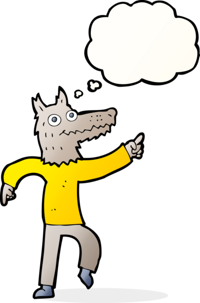 Bir insan tarafından çizilmiş düşünce balonlu bir kurt adam.