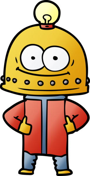 Bir insan tarafından çizilmiş ampullü mutlu karton robot.