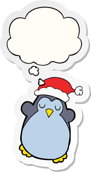 Bir insan tarafından çizilmiş bir çıkartma olarak düşünce baloncuğu olan şirin bir Noel pengueni.