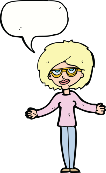 Bir insan tarafından çizilmiş konuşma balonlu gözlük takan çizgi film kadını.