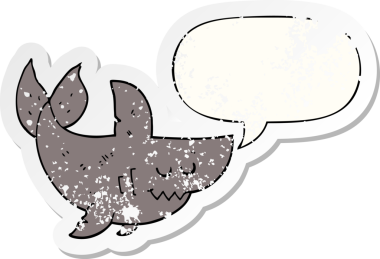 Konuşma baloncuğu olan çizgi film köpekbalığı bir insan tarafından çizilmiş sıkıntılı eski bir çıkartma