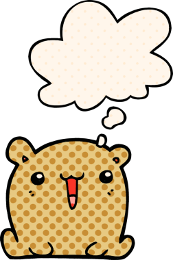 Bir insan tarafından çizilmiş çizgi roman tarzında düşünce baloncuğu olan sevimli çizgi film ayısı.