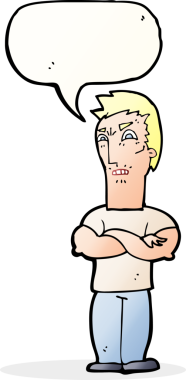 Bir insan tarafından çizilmiş, kolları katlanmış, konuşma balonlu bir karikatür.