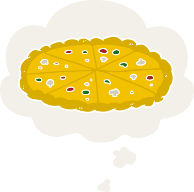 Düşünce baloncuklu çizgi film pizzası insan tarafından çizilmiş.