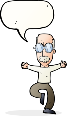 Bir insan tarafından çizilmiş, büyük gözlüklü yaşlı bir çizgi film karakteri.