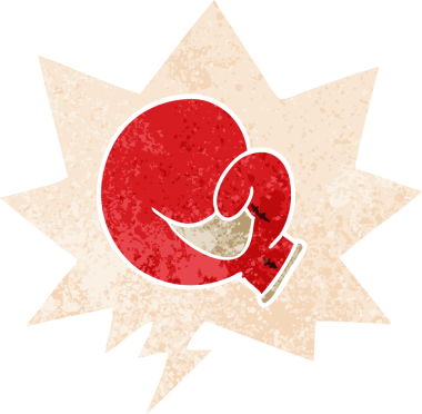 Konuşma baloncuklu boks eldiveni karikatürü. Bir insan tarafından çizilmiş dertli retro tarzı.