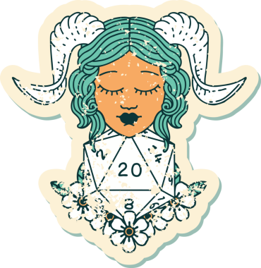 Bir insan tarafından çizilmiş doğal yirmilik zarla süslenmiş grunge çıkartması.