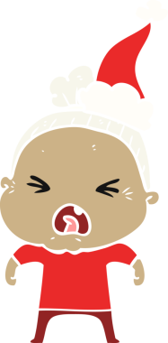 Bir insan tarafından çizilmiş Noel Baba şapkası giyen kızgın yaşlı bir kadının el çizimi düz bir çizim.